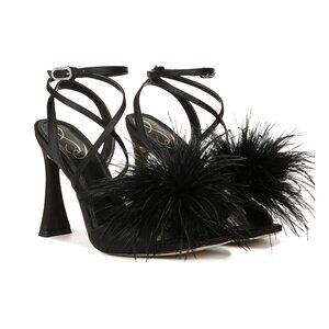 Sam Edelman Layton Feather-Trimmed Satin Sandals, Black, Size 8.5